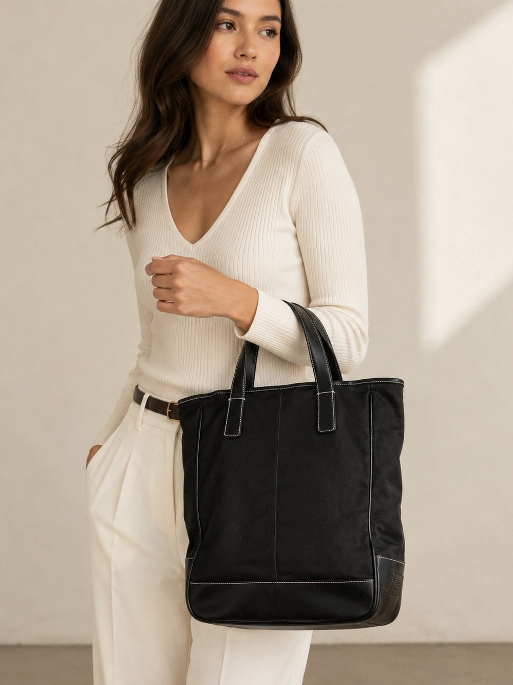 VINTAGE Coach Black Leather-Trim Canvas Tote - REPAIRED